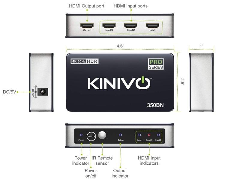 Kinivo HDMI Switch 4K HDR 350BN (3 in 1 Out, 4K 60Hz HDR, HDMI 2.0, High Speed 18Gbps, IR Remote, HDCP) - Compatible with Roku, PS5, Xbox, Apple TV, Nintendo Switch, Cable Box - Image 4